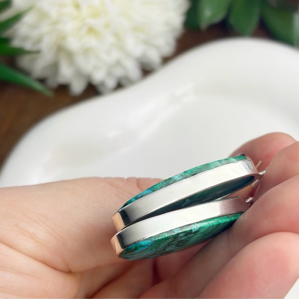 Top Quality Malachite Chrysocolla Pure Sterling Silver 925 Gemstone Earrings - Picture 7 of 9